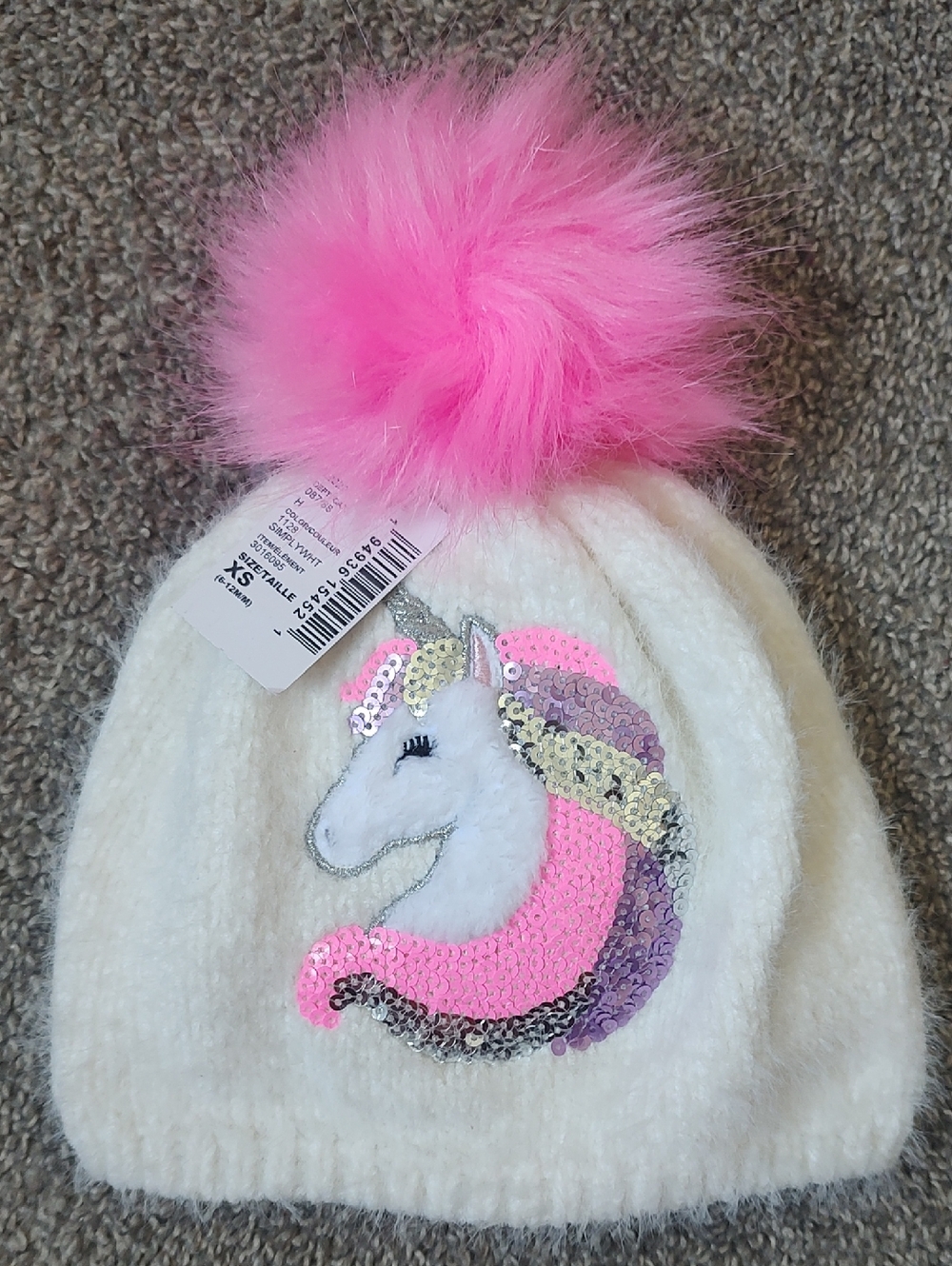 New With Tags The Children's Place Size XS (6-12M) Sequin Unicorn Pom Pom Beanie